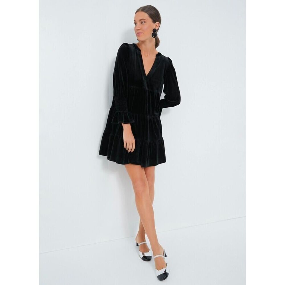 EUC Pomander Place Black Velvet Kenzo Dress Size Small Tiered Mini‎ Long Sleeve